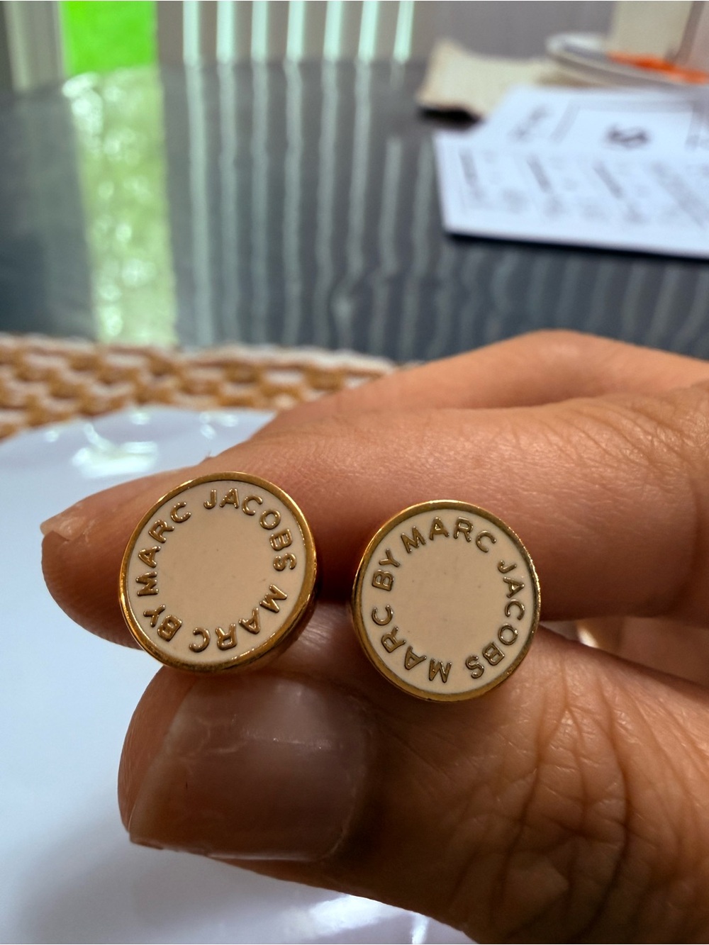 Marc Jacobs Cream Enamel Round Logo Stud Earrings with Gold Trim